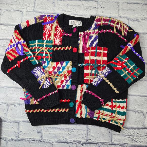 Epoch Knitwear Sweaters - VTG Epoch Knitwear Embellished Cardigan Black Patchwork Button Sweater sz Medium
